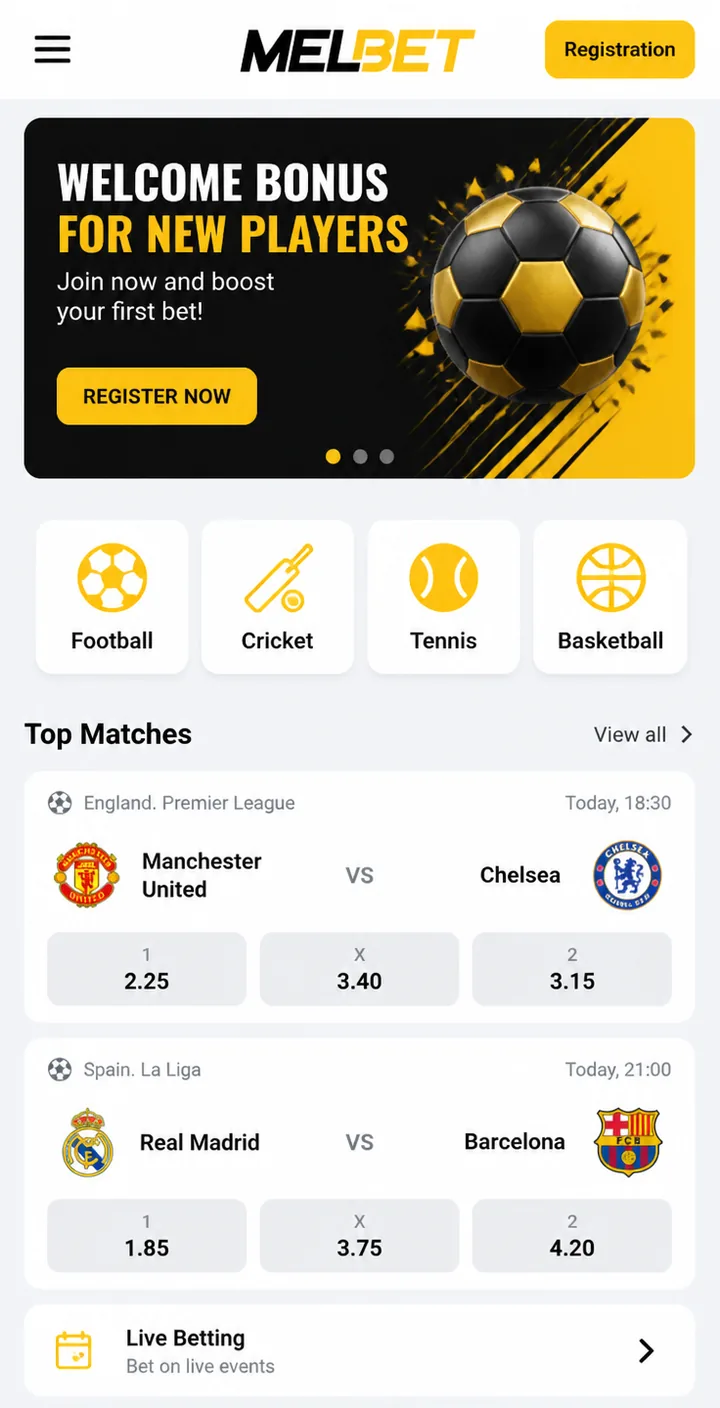 Official Melbet India website homepage opened in a mobile browser